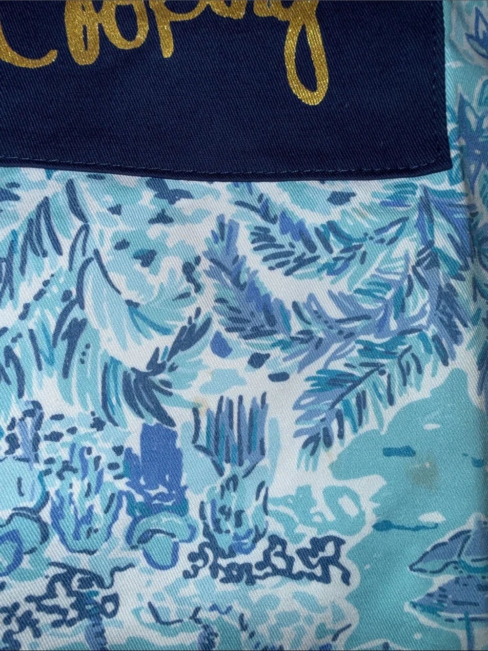 Lilly Pulitzer Light Blue Toile Apron with Navy Pockets and Gold Script